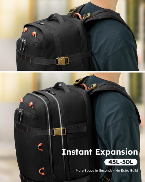 Tolaccea Travel Laptop Backpack, TSA Flight Approved Carry On Travel Duffel Backpack, Dual Laptop Storage for 17.3" and 15.6" Laptop, Large Luggage Backpack 45-50L Expandable for Men Women (Black)