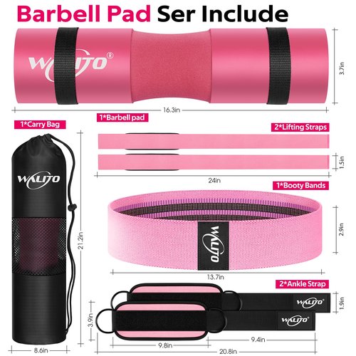 WALITO 8Pcs Barbell Pad Set for Hip Thrust - Squat Pad,Gym Accessories for Women with Bar Bad,Bench Press, with Gym Ankle Straps,Resistance Bands for Working Out,Lifting Strap,Carry Bag