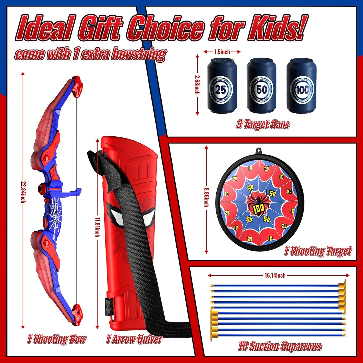 Kids Bow and Arrow Set, Led Light Up Bow and Arrow for Kids, Archery Set with Quiver & Web Target, 10 Suction Cup Arrows & Another 3 Target Cans, Outdoor Games for 4-6 8-12 Year Old Boys