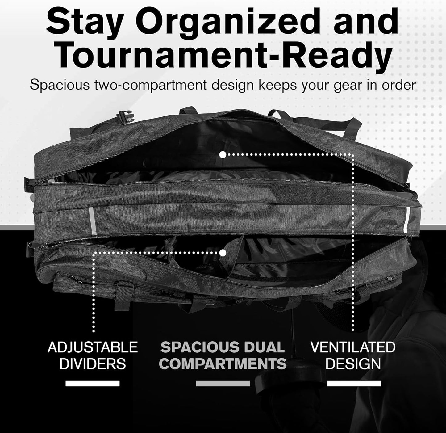 Two Compartment Fencing Bag, Wheeled Sports Equipment Bag for Foil Epee and Saber, Travel Gear, Competition Roll Bag with Straps, Elite Competition Team Bag Adjustable Compartments