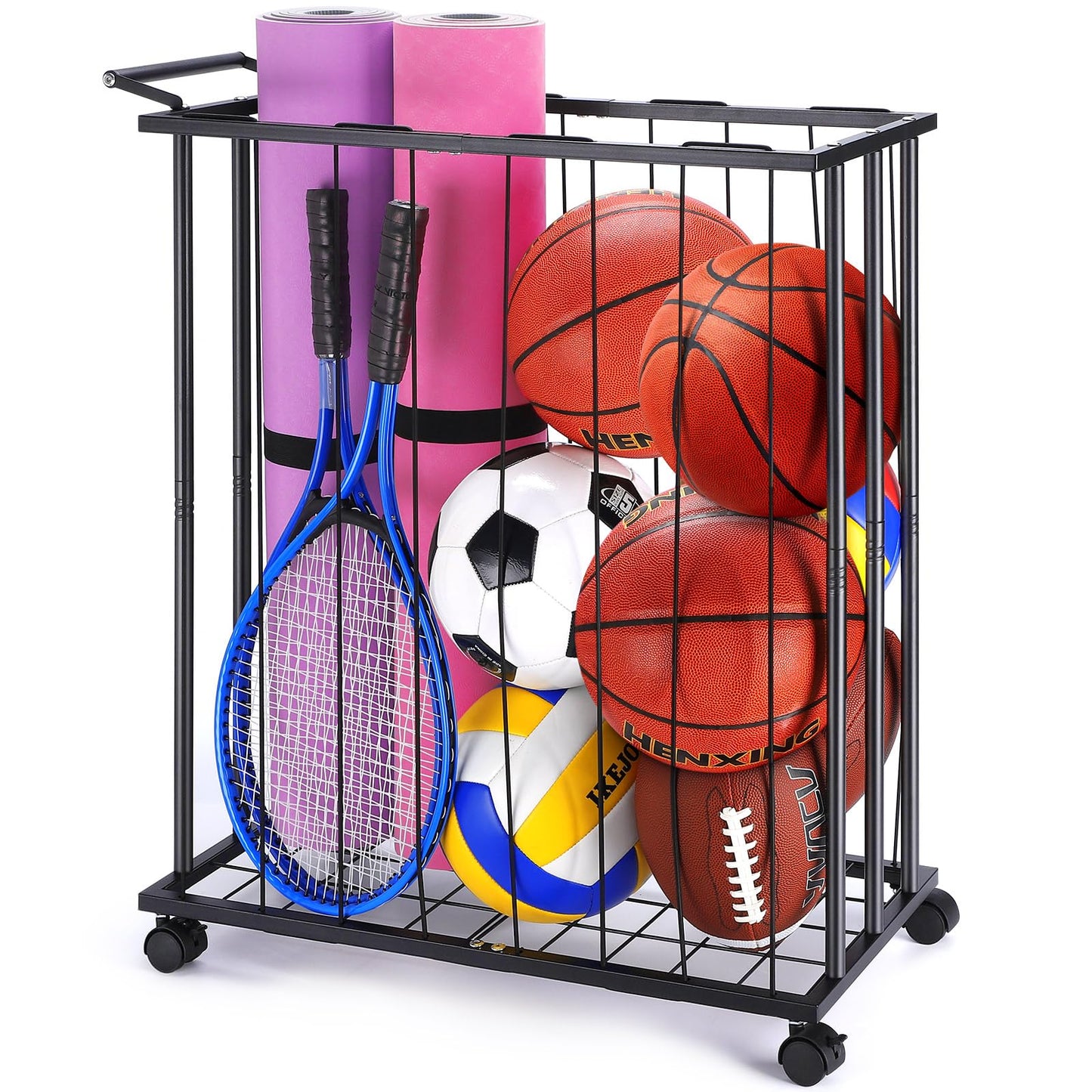 TOBWOLF Large Garage Ball Storage Rack with Wheels, Sports Equipment Organizer Rolling Ball Storage Cart, Freestanding Ball Holder with Elastic Rope for Basketball, Football, Garage, Gym