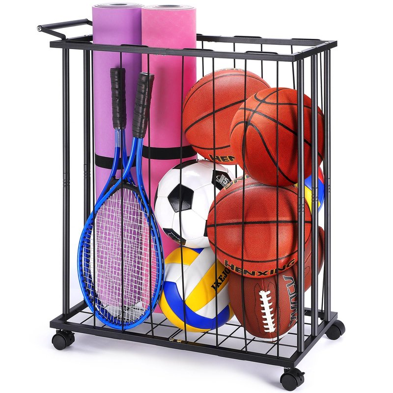TOBWOLF Large Garage Ball Storage Rack with Wheels, Sports Equipment Organizer Rolling Ball Storage Cart, Freestanding Ball Holder with Elastic Rope for Basketball, Football, Garage, Gym