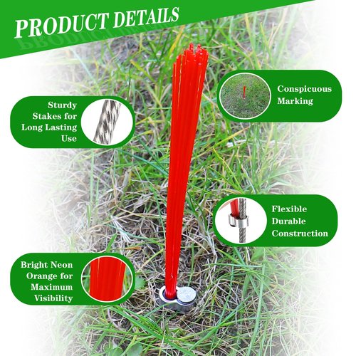30 Pcs Ground Marking Whiskers Neon Orange Marking Whiskers with Lightweight Stakes Survey Property Line Markers for House Garden Lawn Landscape Ground Hunting Markers