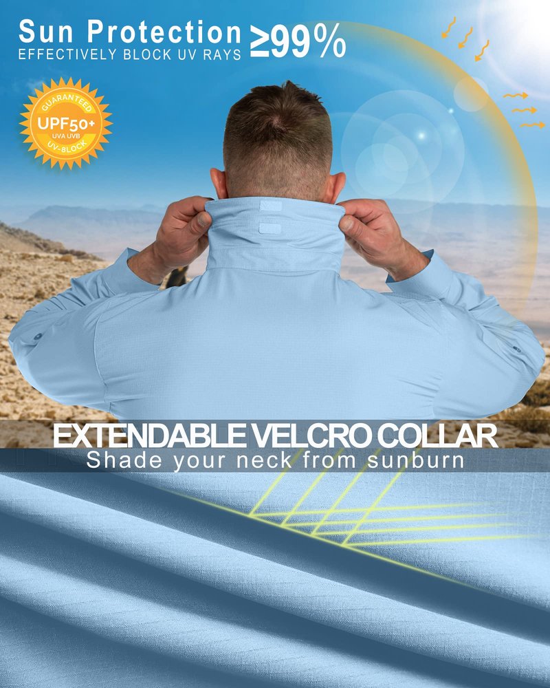 33,000ft Men's UPF 50+ UV Protection Long Sleeve Hiking Shirts Breathable Quick Dry Fishing Shirts for Safari, Outdoor Light Blue