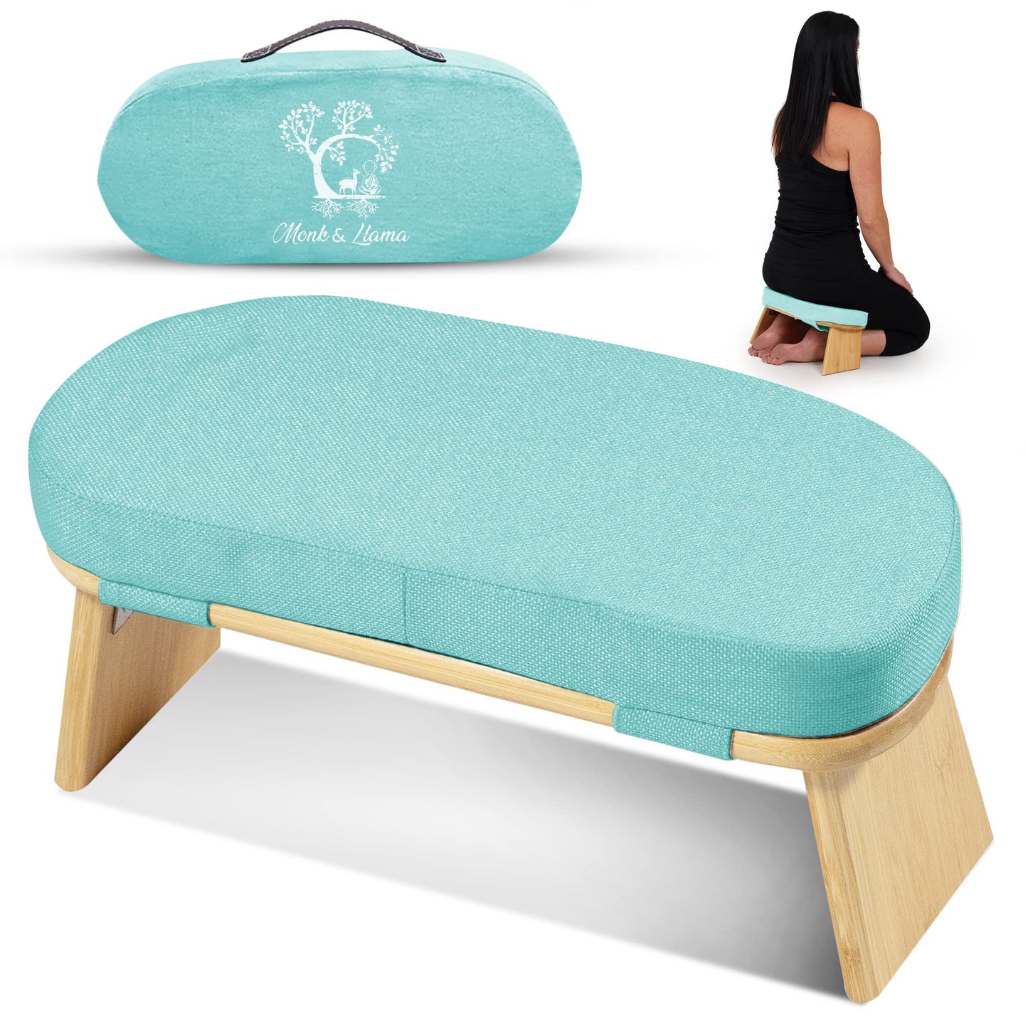 Monk & Llama Meditation Bench - Foldable, Ergonomic, Bamboo Kneeling Stool with Extra Comfortable Cushion — Perfect Seiza Bench Meditation Stool Chair for Prayer & Travel - Deeper & Enjoyable Sessions