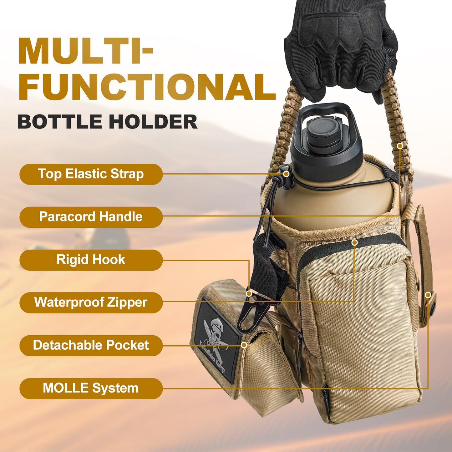 KawaGebo Kamp Half Gallon Tactical Water Bottle With Straw - Battle Bottle - 64 OZ Stainless Steel Water Jug with 3 Lids, Paracord Handle, Molle System