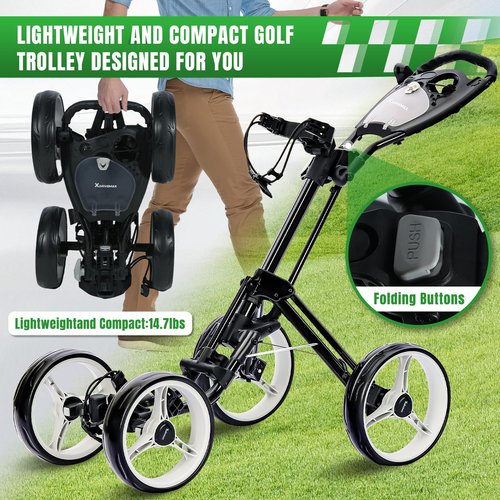 XDriveMax 4 Wheel Golf Push Cart - Aluminum Frame Lightweight, One-Step Foldable Compact Design, Portable Golf Bag Caddy with All-Terrain Wheels