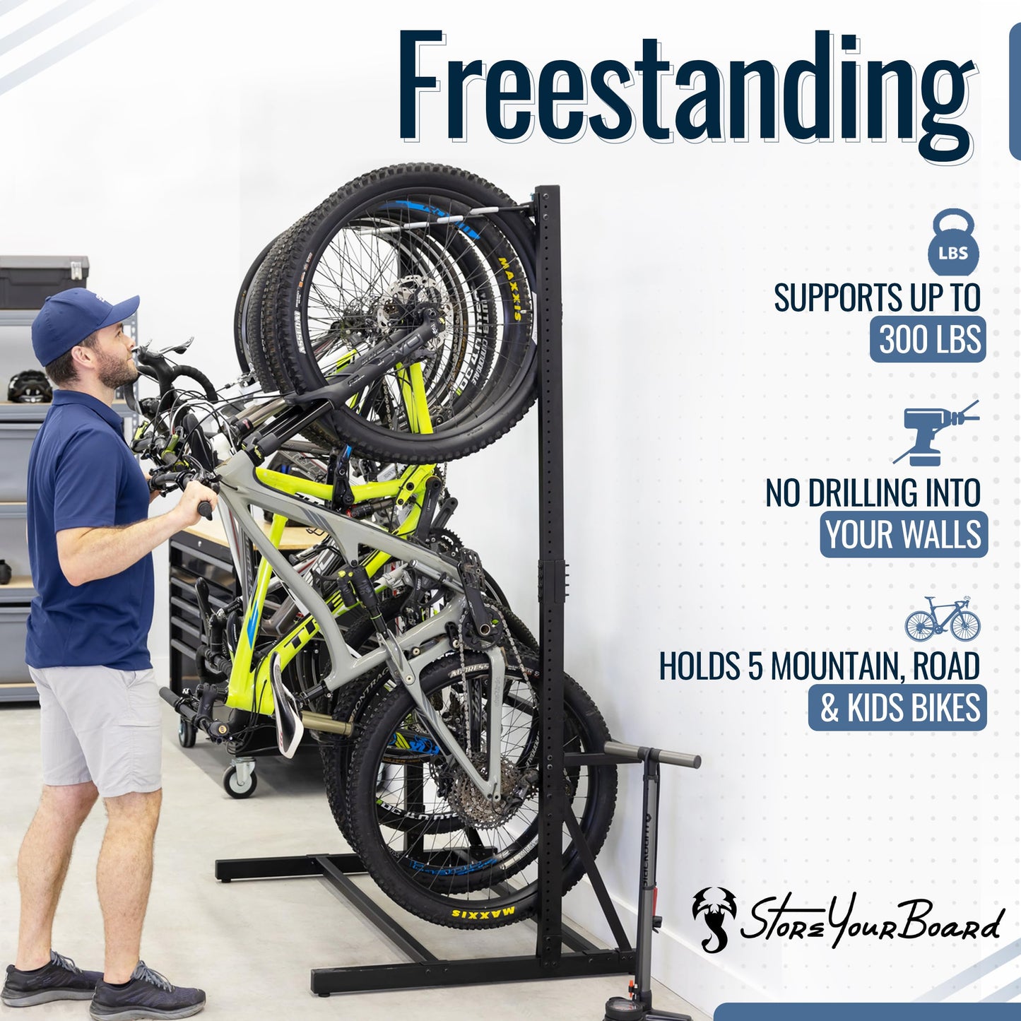 StoreYourBoard Freestanding 5 Bike Storage Rack, The Original G-Bike, Indoor Garage Floor Stand, Bicycle Organizer