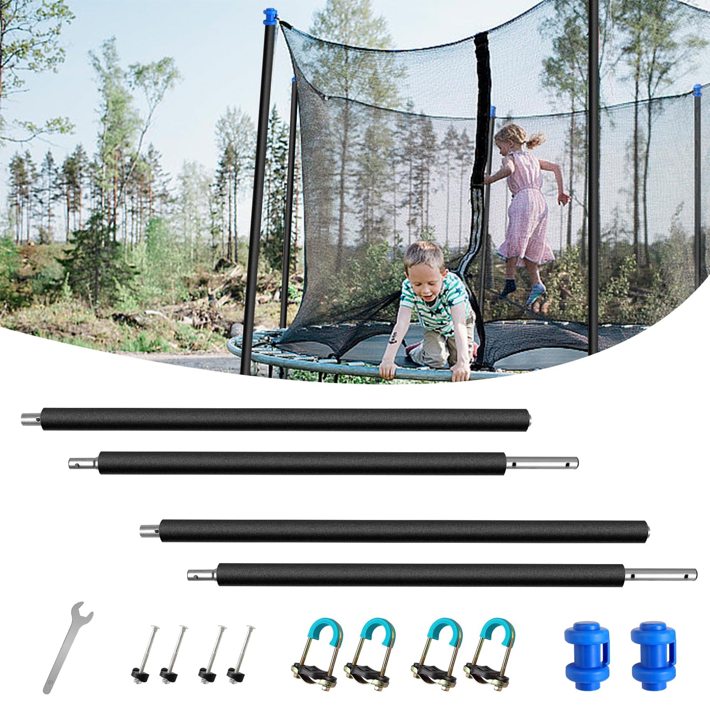 2PCS Trampoline Replacement Poles-Universal Trampoline Replacement Enclosure Poles Kit with Foam Sleeves,Pole Caps & Hardware for 2 Installation Methods, Fits 8-16FT Straight Pole Trampoline Frame