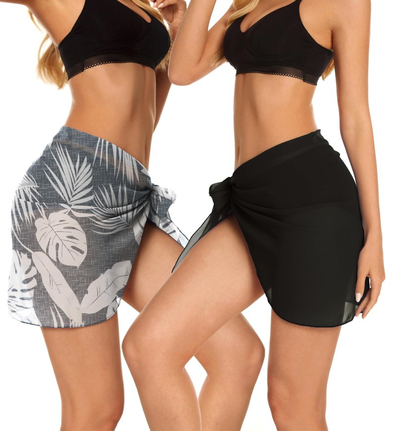 2 Pieces Sarong Cover Ups for Women Beach Bathing Suit Wrap Sheer Short Skirt Bikini Chiffon Scarf for Swimwear (Black and Grey Leaf)