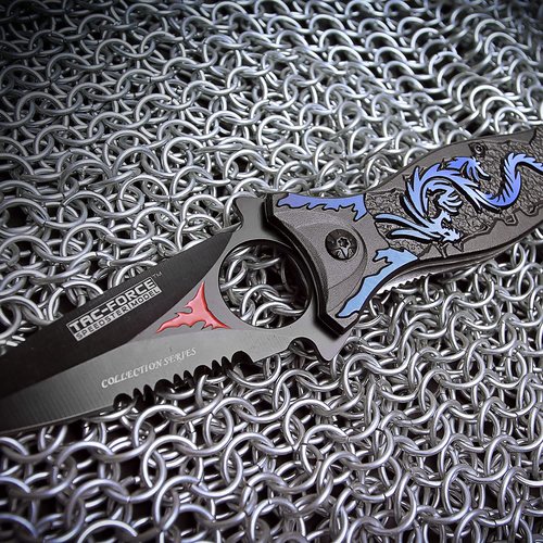 Tac-Force- Folding Pocket Knife – Black Partially Serrated Blade, Black Aluminum Handle w/Blue Dragon Design, Glass Punch and Pocket Clip, Tactical, EDC, Rescue - TF-707BL