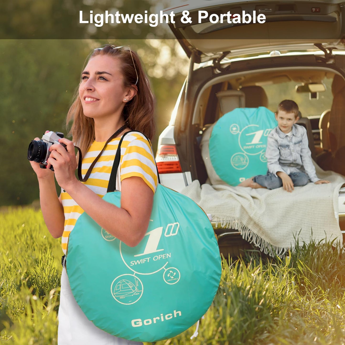 Gorich Easy Pop Up Beach Tent for 3-4 Person, UPF 50+ UV Protection Beach Umbrella Sun Shelter, Portable Lightweight Shade with Easy Foldable & Instant Setup