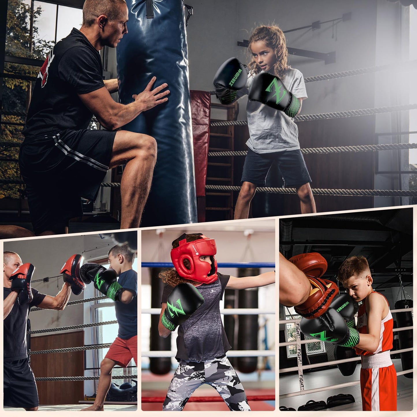 Kids Boxing Gloves, 6oz Youth Punching Gloves for 3–14, One-Piece-Moulded, Boxing Training Sparring Glove for Kickboxing, Punch Bag, Muay Thai, MMA(Green)