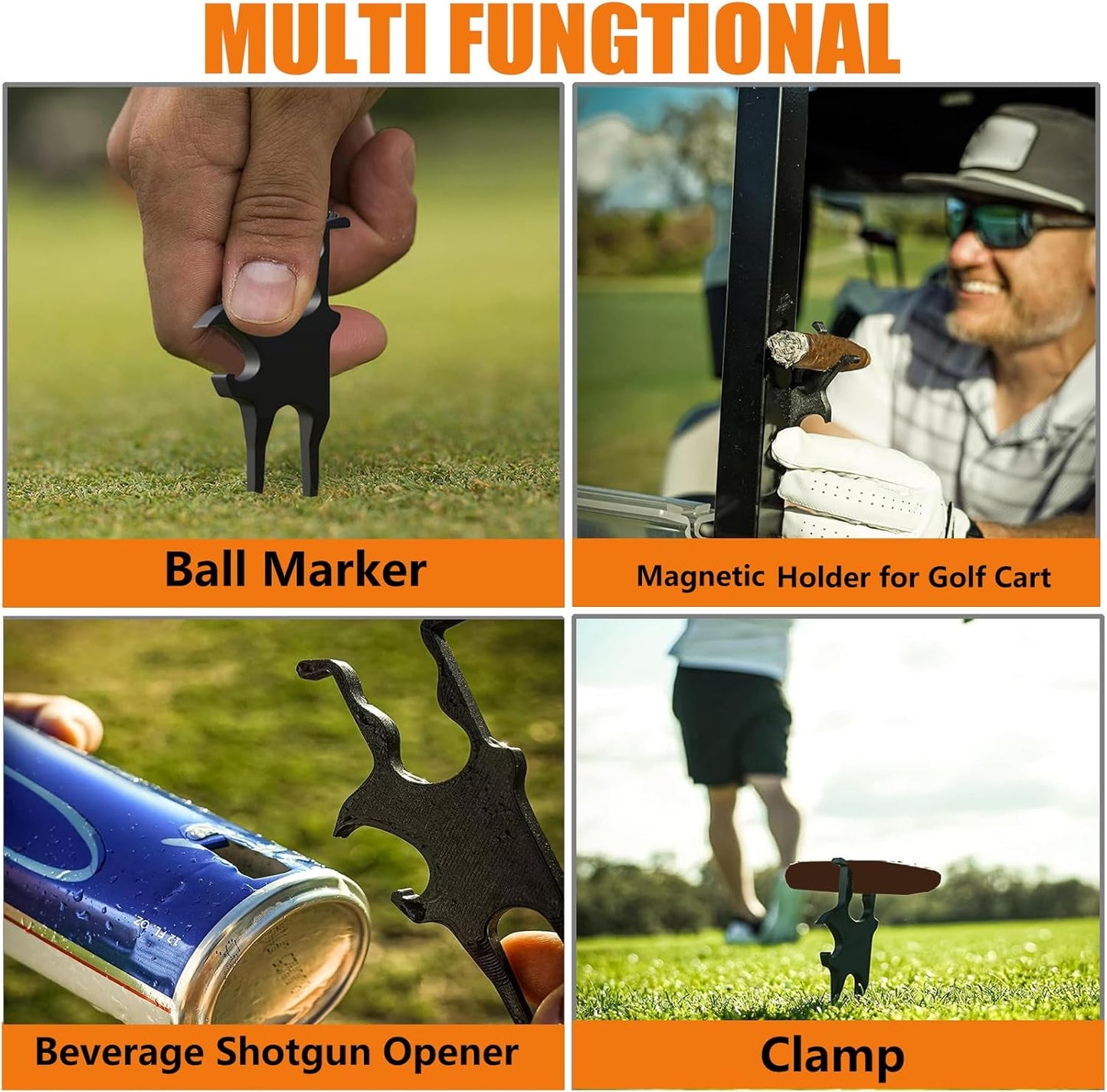 3 in 1 Golf Multi-Tool – Portable Magnetic Holder for Golf Cart – Fits 25 to 40 Ring Gauge, Metal Magnetic Golf Cart Holder with Clamp, Can Opener,Metal Divot Repair Tool and Ball Marker