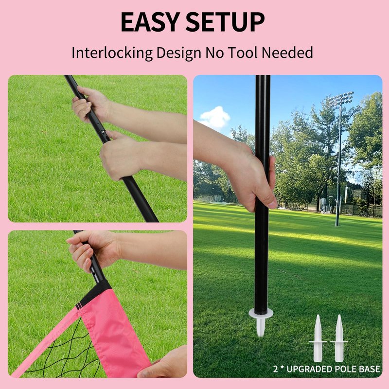 Portable Outdoor Volleyball Net Set for Backyard Beach with Adjustable Poles, Soft PU Volleyball & Pump, Carry Bag and Durable Anti-Sagging Net (Pink, 20ft)