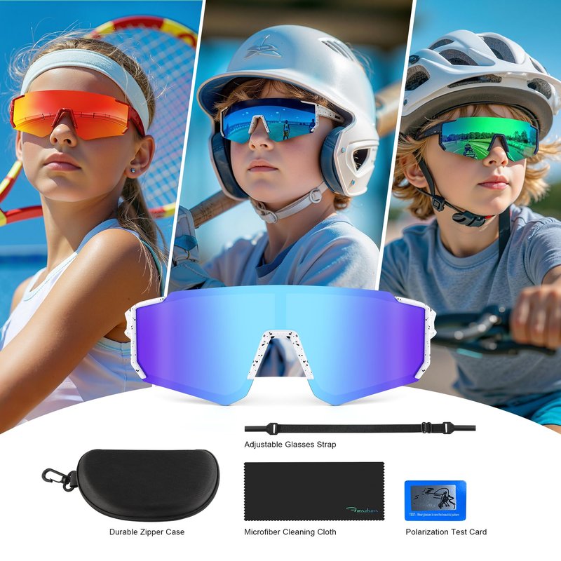 Fanshen Kids Baseball Sunglasses for Boys Girls Ages 3-12, Sports Polarized Youth Baseball Softball Sunglasses UV Protection (Bright Black/Gold)