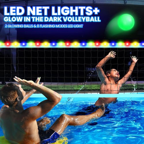 SPOYNAL Pool Volleyball Net Set for Inground Pools – Adjustable Length 15ft to 32ft Outdoor Water Volleyball, Portable Volleyball Net with 4 Sandbags, LED Lights & 2 Glow in The Dark Volleyballs