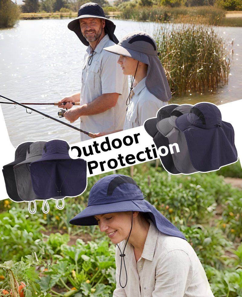 Home Prefer UPF 50+ Wide Brim Mens Sun Hat with Neck Flap Mesh Fishing Hat Wide Flap Summer Beach Bucket Hat for Men Women Navy Blue