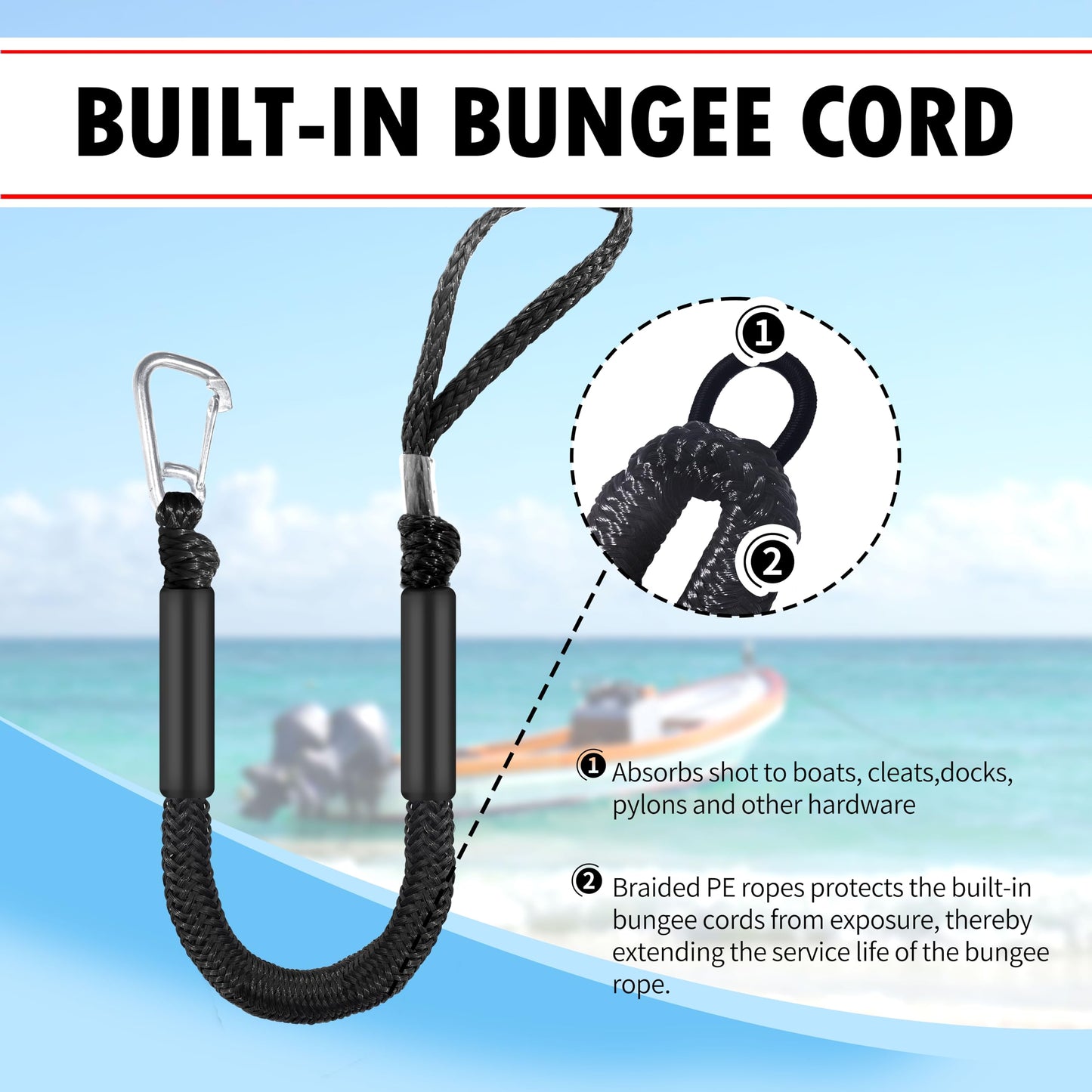 2.5ft Black Bungee Dock Line with Stainless Steel Hook - Heavy-Duty No-Knot Mooring Rope for Jet Ski, Kayak, PWC | Boat Fender Lines to Hang Bumpers (Stretches to 3.5ft), Pack of 2