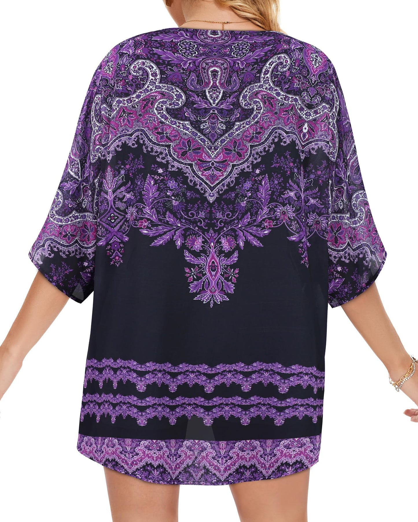 Women's Floral Kimono Print Puff Sleeve Loose Cardigan Cover Up Casual Blouse Summer Tops (Black Purple Boho, 3XL)