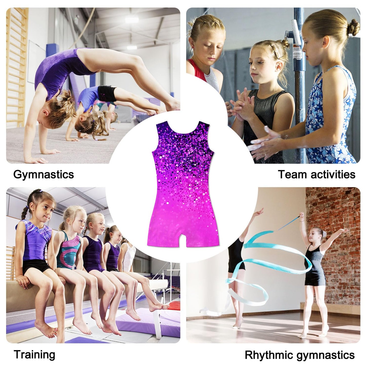 Funnycokid Gymnastics Leotards for Girls Kids Outfits Sparkly Unitards Clothes with Shorts, Diamond Purple Pink Shining, 6-7 Years