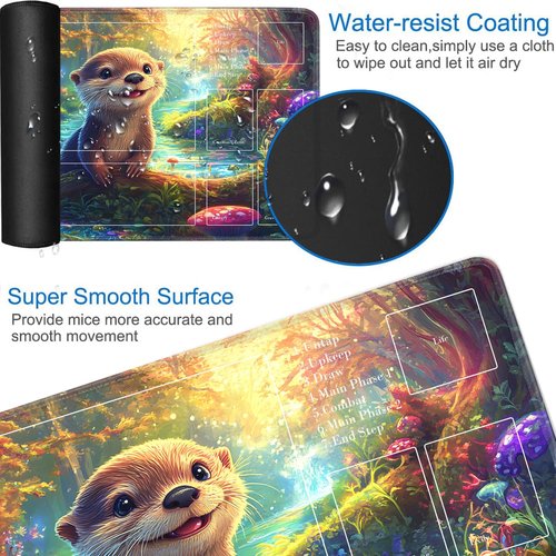 for MTG Playmat with Zones, for TCG Playmat and Board Game Mat with Storage Bag and 6 Dice, 24x14in Non-Slip for MTG Mat, Forest Cute Otter Pattern Magic Trading Card Mat Mousepad