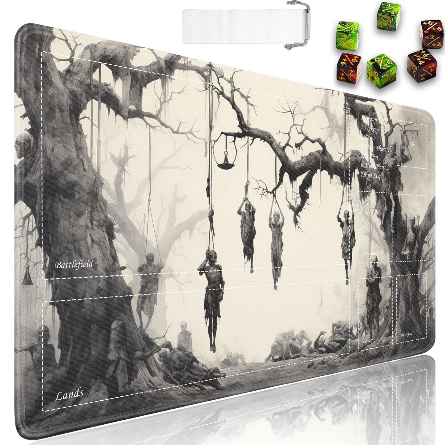 JVGFYNKL for TCG Playmat, Playmat with Zones, 24x14 in Non-Slip Rubber for MTG Playmat with Drawstring Travel Pouch and 6 Dice, Tree of Death, Skeleton for MTG Mat, Card Game Playmats