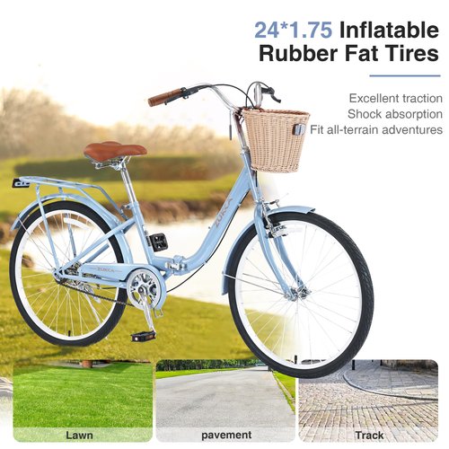 BALINGE 24 Inch Folding Girls Cruiser Bike,1-Speed Foldable Hybrid City Bicycle with Dual Brakes,Wicker Basket & Rear Rack,Adjustable Seat Post&Handlebar,Blue