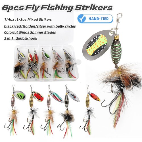 DAMIDEL 6pcs Fly Fishing Strikers kit,1/4oz 1/3oz Mixed, Simulation Colorful Belly and Wings Spinner Ever,Specialty Hand-Tied Rooster Bait for Trout, Bass, Steelhead Fly Fishing Dry Flies Tackle Box