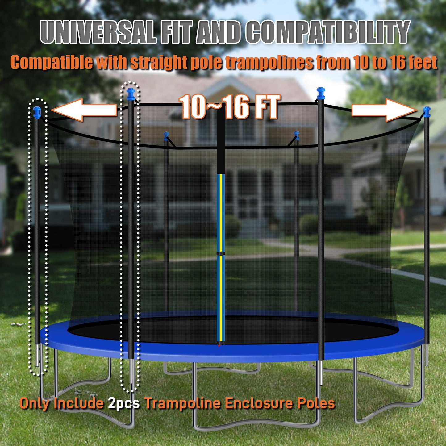 2PCS Trampoline Replacement Poles-Universal Trampoline Replacement Enclosure Poles Kit with Foam Sleeves,Pole Caps & Hardware for 2 Installation Methods, Fits 8-16FT Straight Pole Trampoline Frame