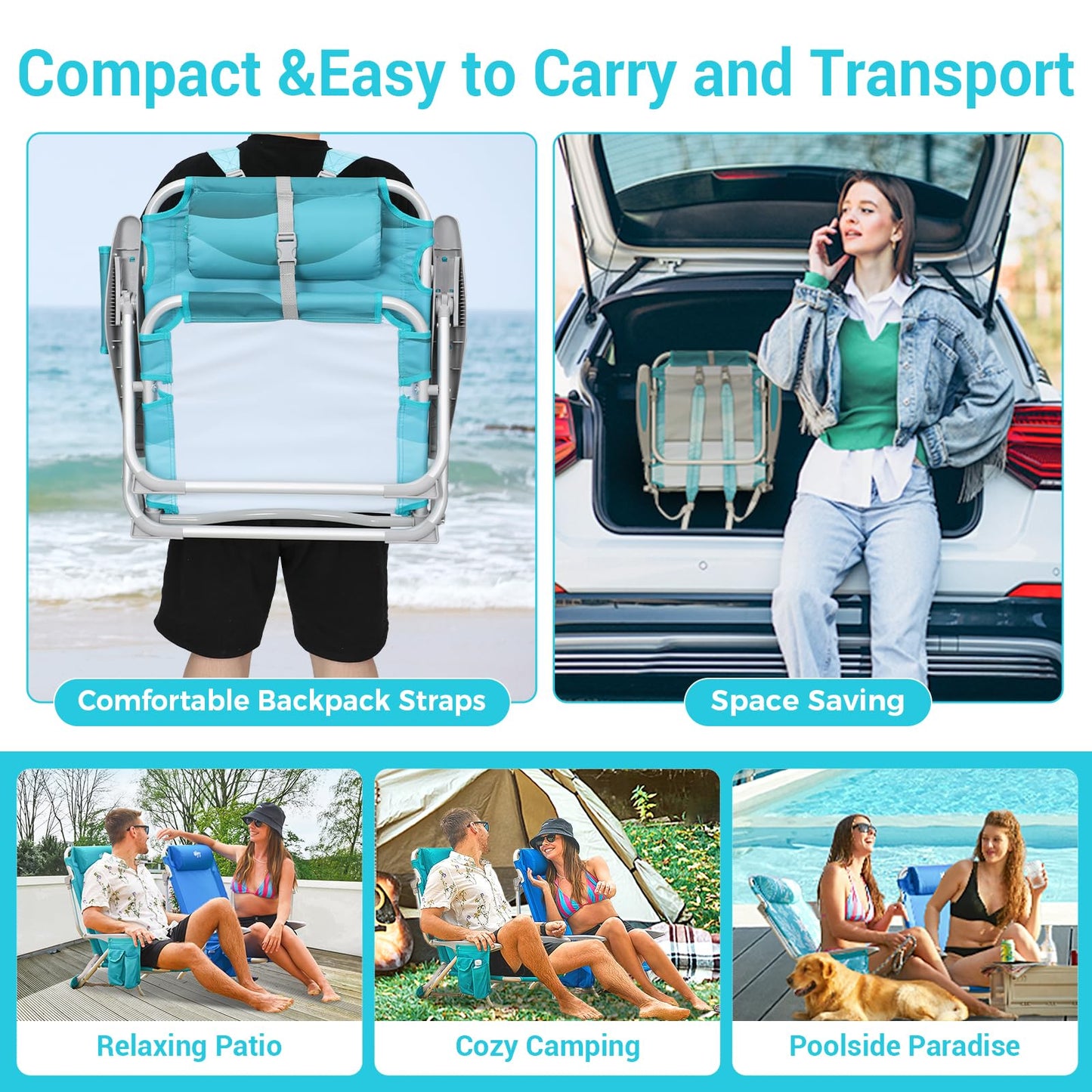 #WEJOY Lightweight Low Beach Chair for Adults, 4-Position Aluminum Folding Camping Chairs with Shoulder Strap, Cup Holder and Padded Headrest, Supports 265lbs for Lawn Outdoor,Cyanpattern