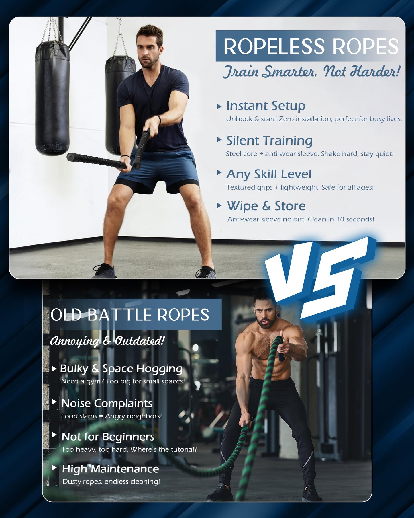 2PCS Weighted Ropeless Battle Ropes, Heave Duty Home Gym Workout cordless Battle Rope for Advanced Fitness Training, Portable Arm Exerciser for Strength Building, Durable Core Strength Arm Muscle Builder Ropes