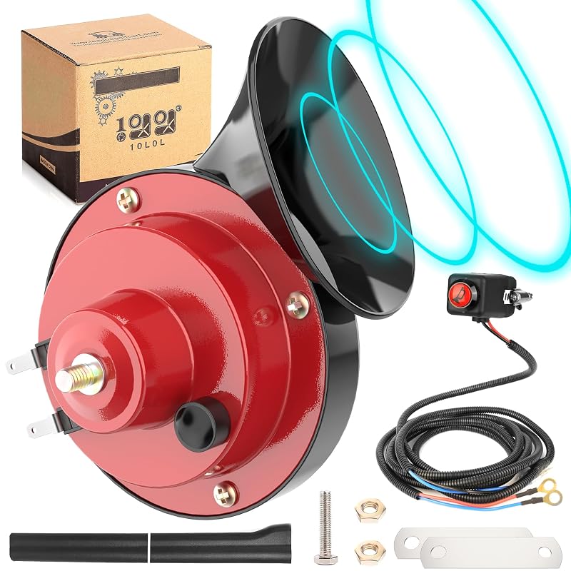 10L0L 12V Horn Kit with Hand Steering Button – Universal Fit for Golf Carts, ATVs, UTVs (Red & Black)