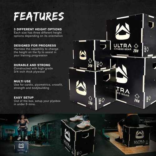 Ultra Fitness Gear Wooden Plyo Box, 31 Plyometric Jump Training Squat, Step Up, Jumps & More Workout Size S, M, L, XL, Home Gym Exercise Equipment (Black Anti-Slip, X-Large 30/24/20)