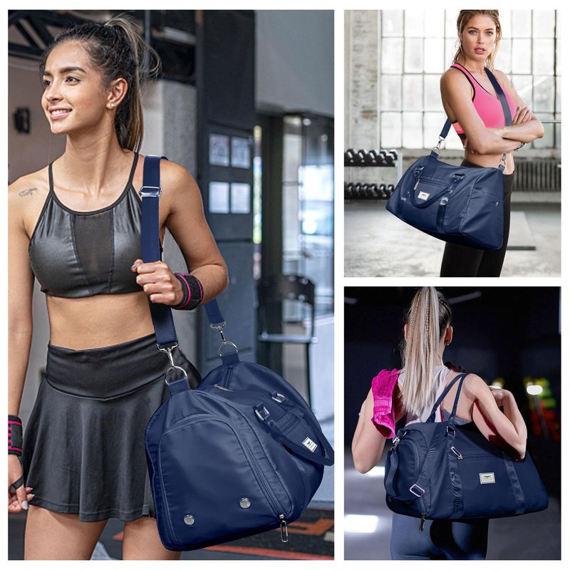 FIORETTO Womens Gym Tote Duffle Bag with Wet Pocket & Shoe Compartment, Sports Duffel Overnight Weekender Hospital Workout Carry on Bag for Girls, Ideal for Travel, Swimming, Dance, Ballet Navy Blue