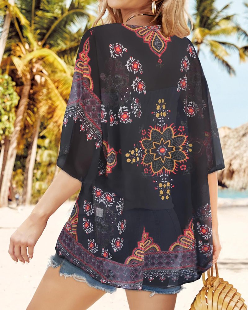Womens Kimonos Beach Cover Up Chiffon Cardigan Floral Blouse Loose Fit Cape Top Summer Resortwear(Orange Black,S)