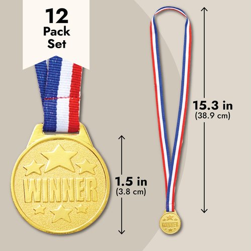 Juvale 12 Pack Gold Medals for Awards - Olympic Style Medals for Kids and Adults (1.5 in Metal) - Award Ribbons for Sports, Competitions, Tournaments, Spelling Bees