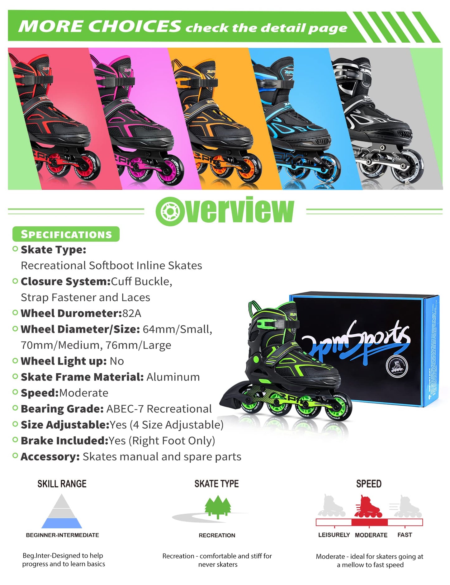 2PM SPORTS Torinx Boys Adjustable Inline Skates, Fun Beginner Roller Skates for Kids, Youth, Girls, Men and Women - Green Medium