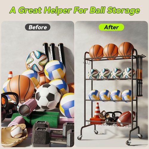IBUYKE Basketball Rack, 4-Layers Rolling Ball Storage Rack with Wheels, Movable Garage Sports Equipment Storage Organizer for Basketball Football Soccer Volleyball Outdoor Indoor, Black TBL002B