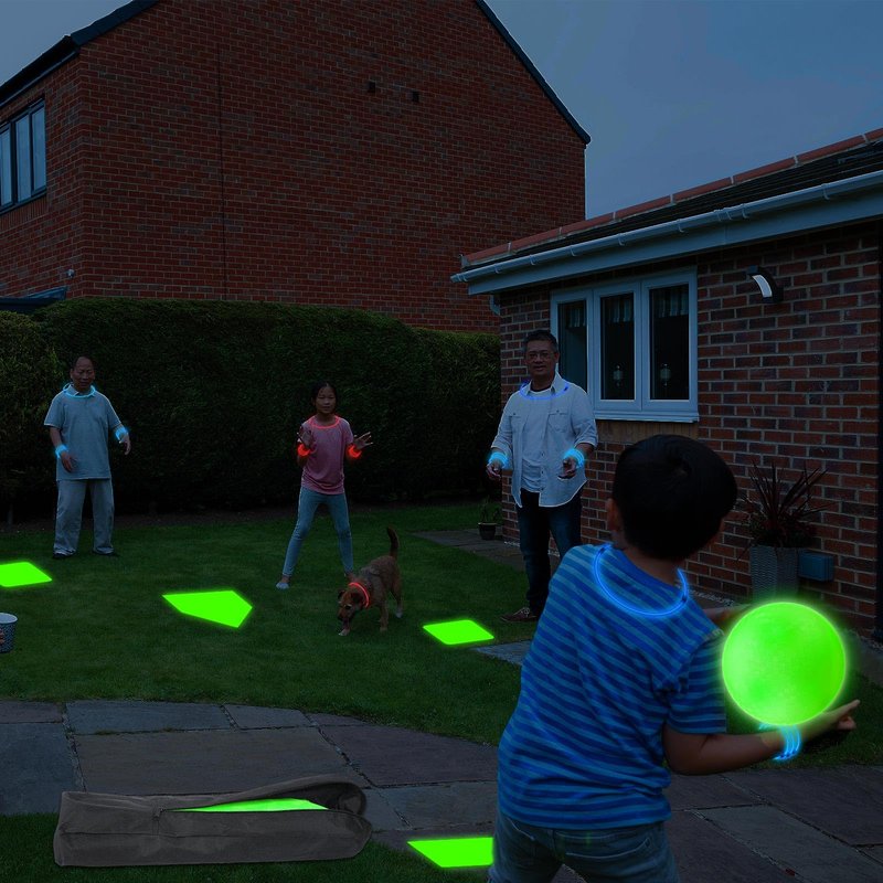 Hiboom 9 Pcs Glow in the Dark Kickball Dodgeball Set Includes 10 Inch Playground Ball with Pump 5 Rubber Bases 100 Glow Sticks for Adults Playground School Backyard Game Outdoor Indoor Games