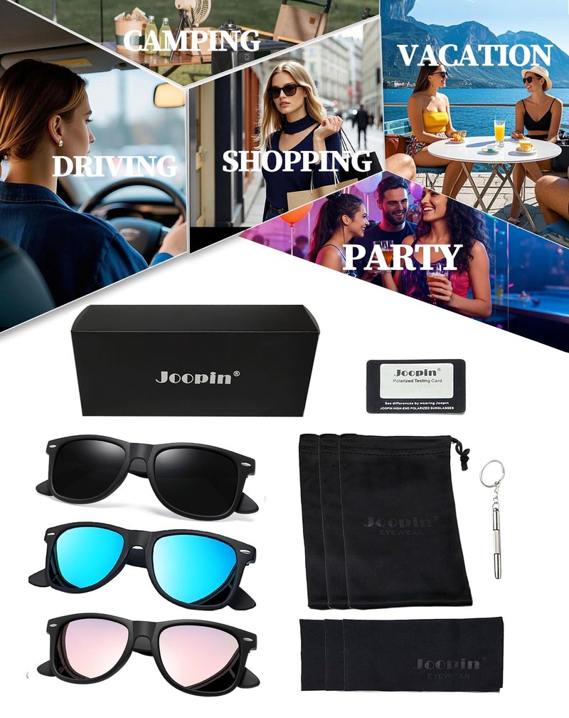 Joopin Oversized Square Sunglasses Designer Polarized Sun Glasses UV400 Protection Trendy Big Shades for Women Men Sunnies(Black + Blue + Pink)
