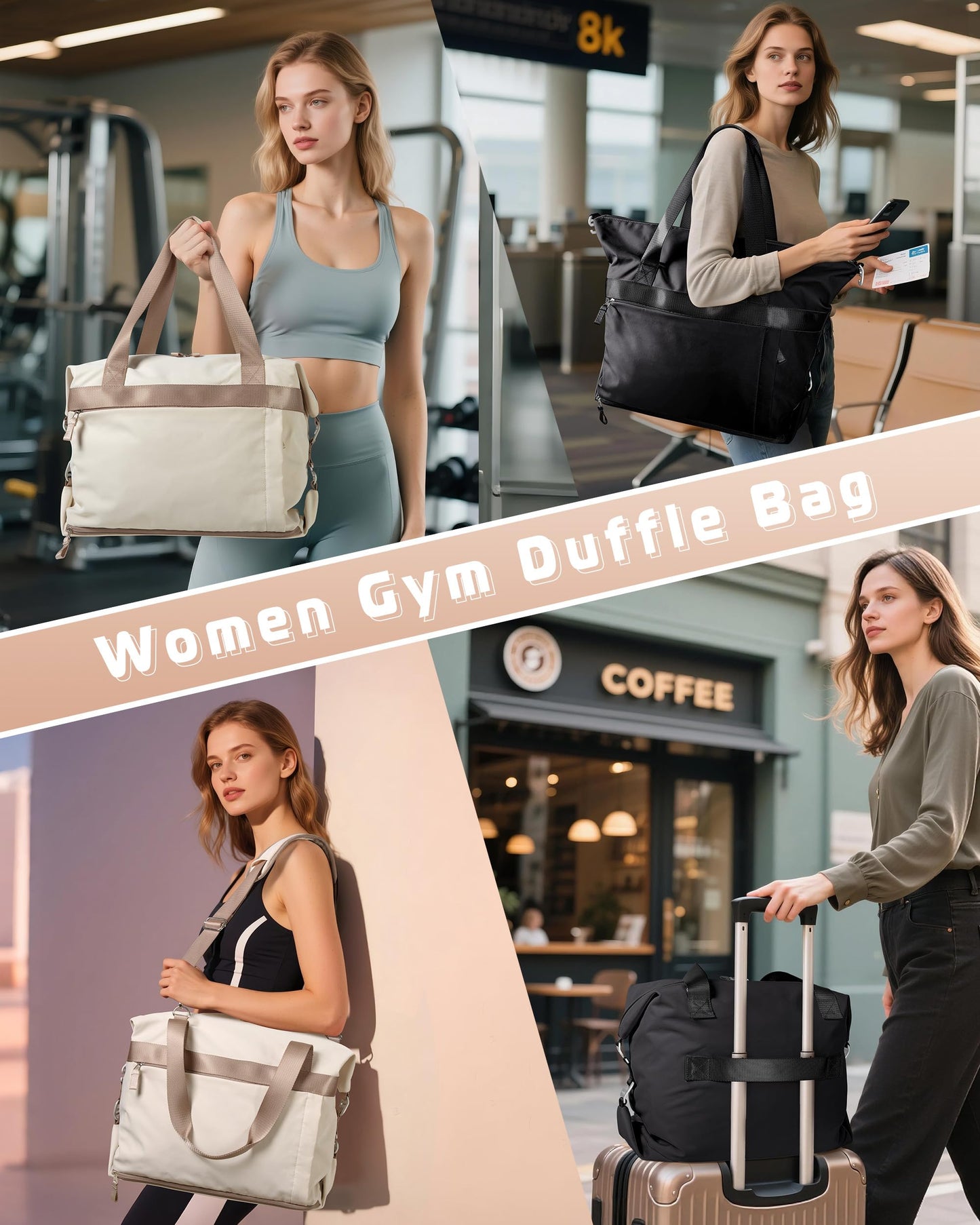 Smasrob Convertible Women Gym Bag with Shoe Compartment and Wet Pocket, Women Duffle Bag with Multiple Pockets and Crossbody Shoulder Strap for Travel and Gym, Black