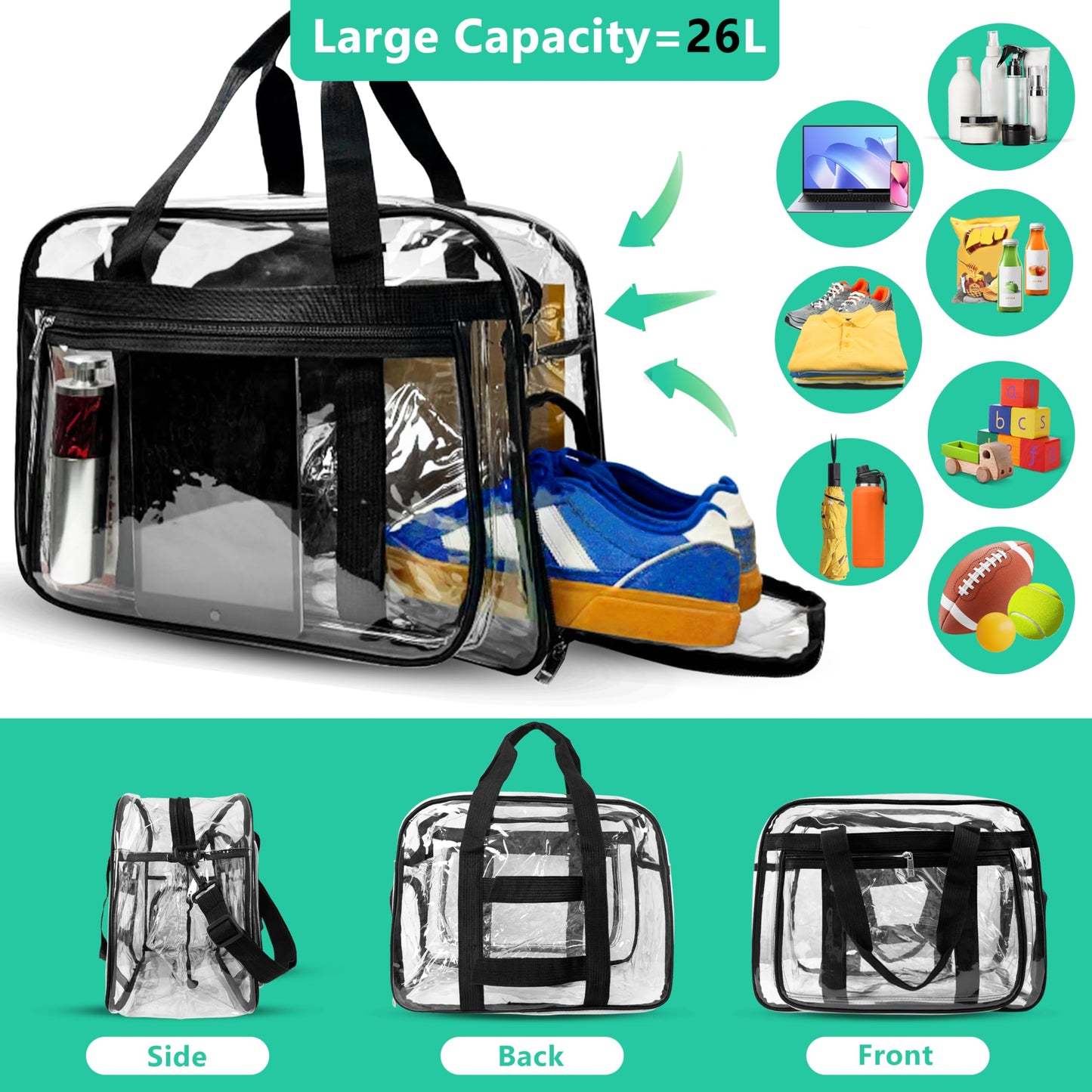 16” Large Clear Duffle Gym Bag, Clear Beach Bag for Travel with Shoe Compartment, Transparent See Through Tote Bag for Women Men