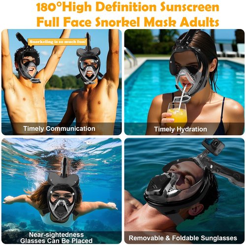 Snorkeling Gear for Adults, Full Face Snorkel Mask Adults with Camera Mount, Snorkel Mask for Glasses Wearers Check Valve Air Inlet Breathe Better, Panoramic View Snorkel Set (Black, L)