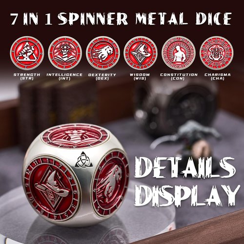 DND Spinner Dice,HNCCESG 7 in 1 Unique Metal Dice Set with Stat Engraving for Dungeons and Dragons Gifts, Polyhedral Role Playing Game Dice(Matte Red)