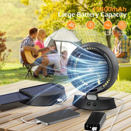 Apatner Rechargeable Solar Fan Outdoor for Camping - 10400mAh Battery Operated Fans Solar Portable Tent Fan for Greenhouse,LED Lantern,4 Speeds with PowerBank for Car,Ship,Carnival