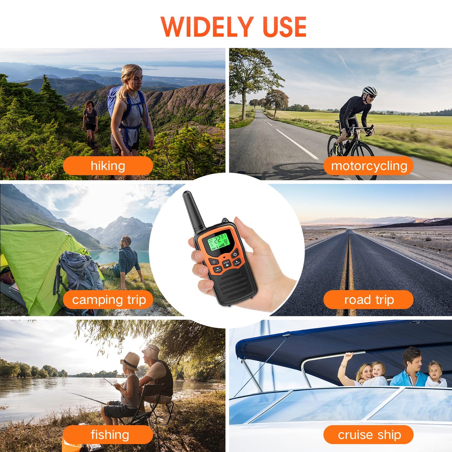 Walkie Talkies with 22 FRS Channels MOICO Walkie Talkies for Adults with LED Flashlight VOX Scan LCD Display, Long Range Family Radios for Hiking Camping Trip (Orange, 4 Pack)