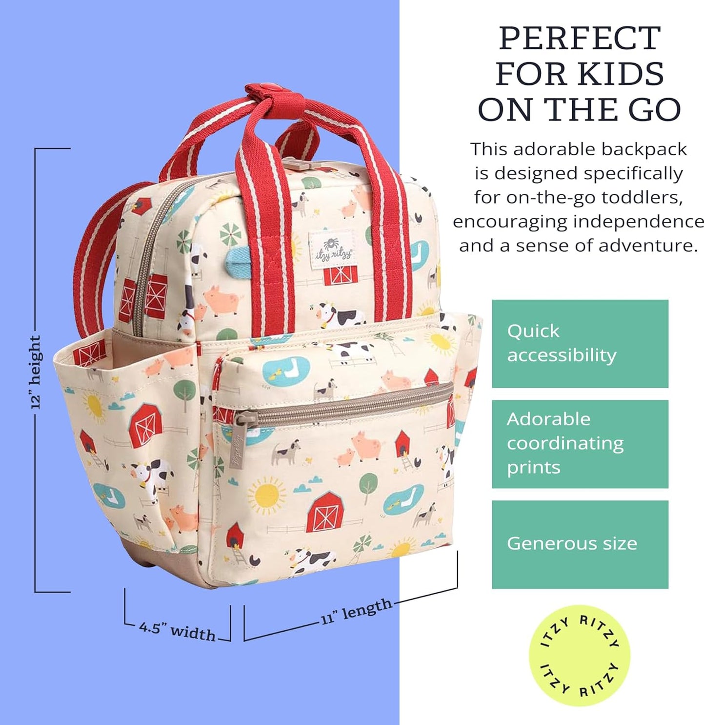 Itzy Ritzy Toddler Backpack - Daycare Bag - Features Adjustable Shoulder Straps, 2 Side Pockets & Spacious Interior with Wipeable Fabric Lining & Name Label, Strawberry Backpack