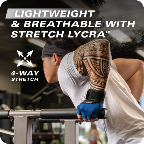 Harbinger Training Grip Wrist Wrap Gloves - Enhanced Grip & Wrist Support, Breathable Lycra Back, Padded Leather Palm, Half-Finger Design, Quick Pull Tabs, Ideal for Weightlifting, Blue, X-Large