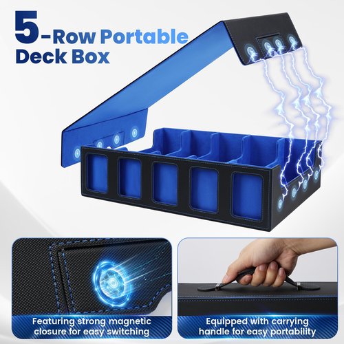 Trading Card Storage Box with Handle, 5-Row Portable Leather Deck Case for 4000+ Cards,Blue Card Collection Box with Commander Display Window for MTG, Yugioh, and Sports Cards,Gifts for Card Collector